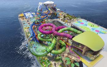 Category 6, rendered above, is the largest water park at sea with six slides: the industry’s first open free-fall slide;  the tallest drop slide at sea; the first two family raft slides at sea with four riders per raft; and cruising’s first mat-racing duo. 