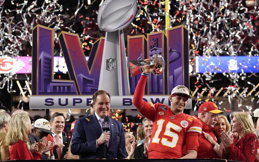 Kansas City Chiefs quarterback Patrick Mahomes (15) celebrates after the NFL Super Bowl 58 football game against the San Francisco 49ers, Sunday, Feb. 11, 2024, in Las Vegas. The Kansas City Chiefs won 25-22 against the San Francisco 49ers.