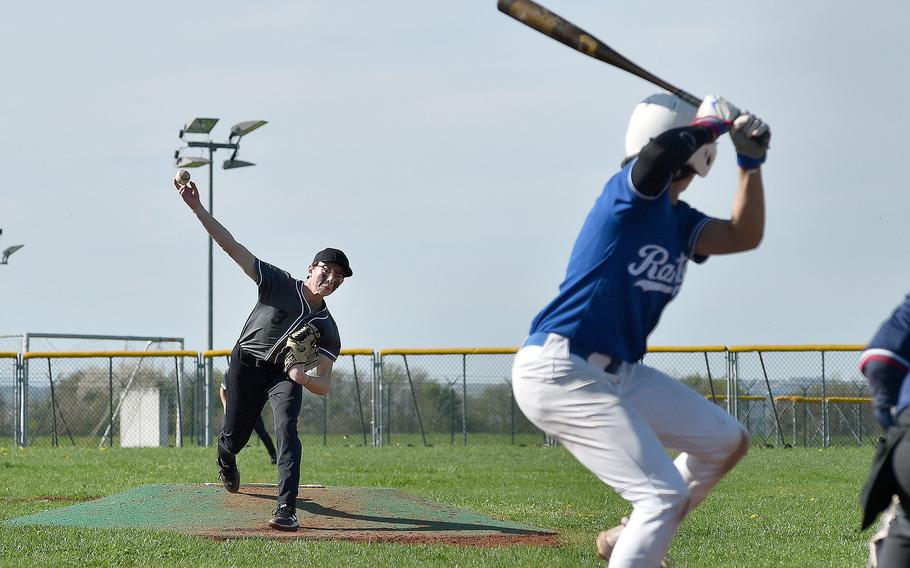Wiesbaden pitcher Jak Lehr throws to Ramstein batter Luke Seaburgh during the first game of a doubleheader on April 6, 2024, on Clay Kaserne in Wiesbaden, Germany.