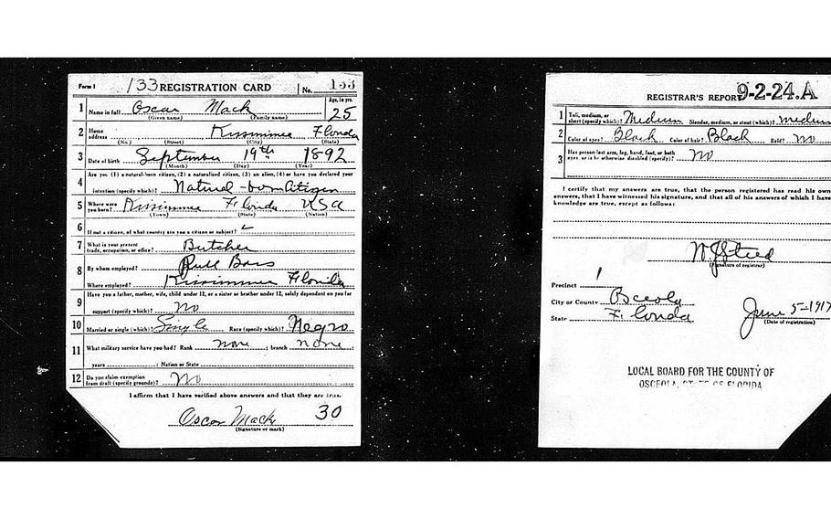 Oscar Mack’s World War I draft registration card.