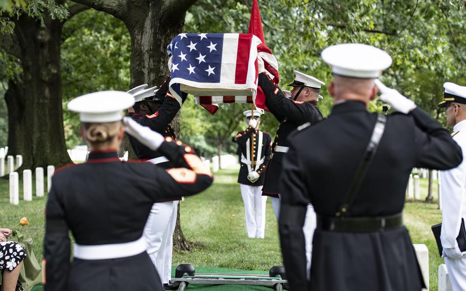 Marines from the “The President’s Own” Marine Band conduct military honors with a funeral escort for Marine Corps Maj. Gen. Harry Pickett at Arlington National Cemetery, Arlington, Va., July 19, 2023.