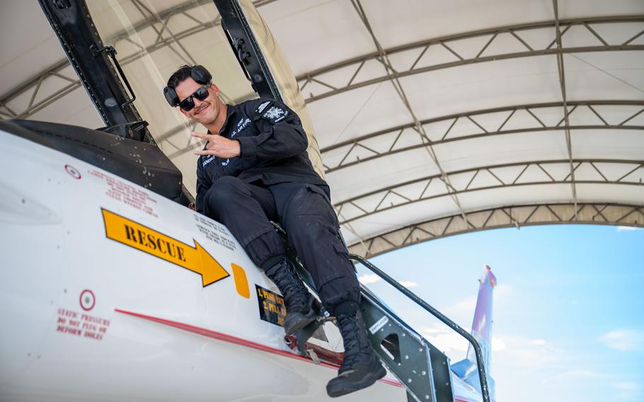 U.S. Air Force Senior Airman Elias Sanchez, F-16 Viper Demonstration Team dedicated crew chief, conducts pre-flight preparations at Edwards Air Force Base, Calif., May 13, 2024. 