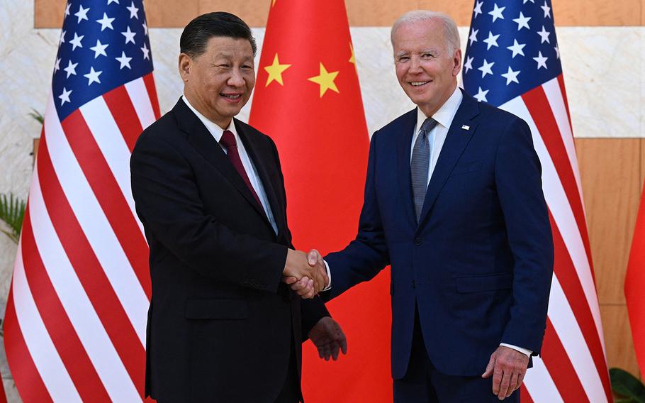 President Joe Biden, right, and China President Xi Jinping meet on the sidelines of the G-20 summit in Nusa Dua on the Indonesian resort island of Bali on Nov. 14, 2022.