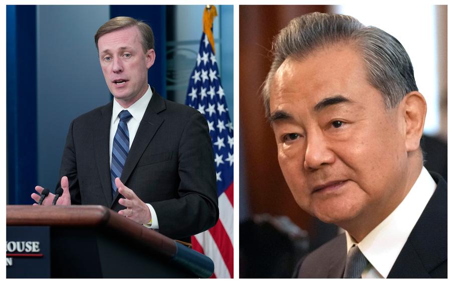 At left, White House national security adviser Jake Sullivan speaks during the daily briefing at the White House in Washington, Friday, Sept. 15, 2023. At right, Chinese Communist Party’s foreign policy chief Wang Yi waits for the start of a trilateral meeting on the sidelines of the Association of Southeast Asian Nations (ASEAN) Foreign Ministers’ Meeting in Jakarta, Indonesia, July 12, 2023. Sullivan met in Malta over the past two days with Wang, the Maltese government said Sunday, Sept. 17, in a statement.