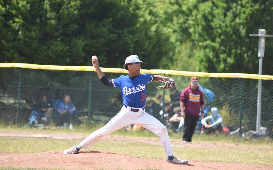 Ramstein's Christian Roy delivers a pitch Thursday, May 22, 2025, at the DODEA-Europe Division I baseball championships on Ramstein Air Base, Germany.
