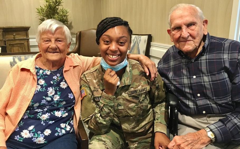 Delores Grasberger, 93, with her husband and Dashauna Priest. The Grasbergers say they consider Priest to be a third daughter to them. 