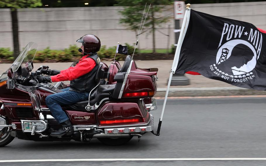 Motorcyclists taking part in the Rolling to Remember ride move down Constitution Ave. in Washington, D.C., May 30, 2021.