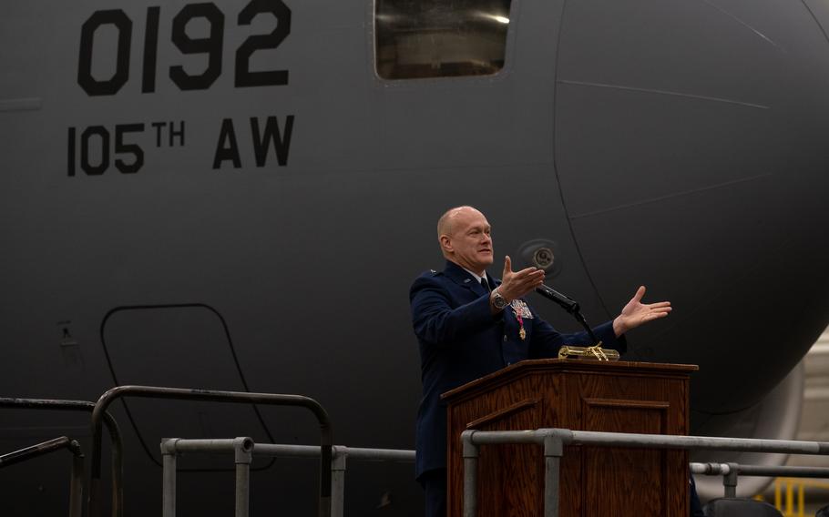 New York Air National Guard Brig. Gen. Gary Charlton speaks at a change of command ceremony Jan. 6, 2024, at Stewart Air National Guard Base, N.Y. U.S. Air National Guard Col. Ryan Dannemann assumed command of the 105th Airlift Wing from Charlton during the ceremony.