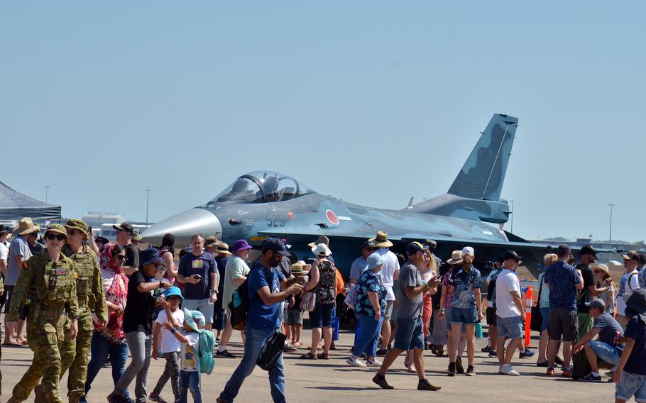 A Japan Air Self-Defense Force F-2 fighter is on display at Royal Australian Air Force Base Darwin, Saturday, Aug. 27, 2022. Nicknamed the Viper Zero, the F-2 is a multirole fighter derived from the F-16 Fighting Falcon.