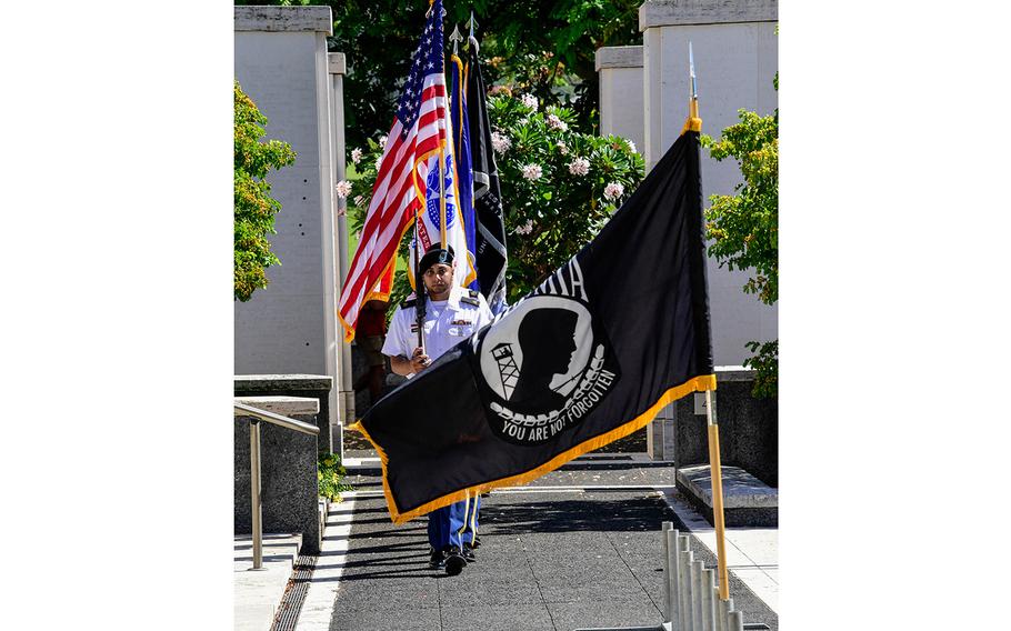 Members of the U.S. Indo-Pacific Joint Service Color Guard posts colors during the National POW/MIA Recognition Day Ceremony hosted by the Defense POW/MIA Accounting Agency at National Memorial Cemetery of the Pacific, Honolulu, Hawaii, Sept. 15, 2023. 