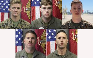 Top row from left: Cpl. Nathan E. Carlson, Cpl. Seth D. Rasmuson, and Lance Cpl. Evan A. Strickland. Bottom row from left: Capt. Nicholas P. Losapio and Capt. John J. Sax.