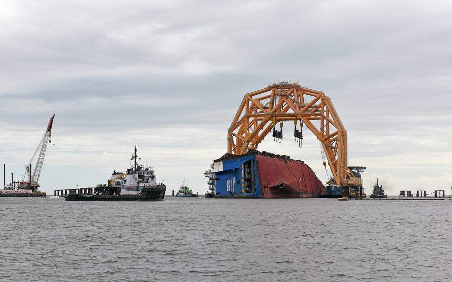 The heavy-lift vessel  at the Golden Ray wreck site on Oct. 27, 2020. 