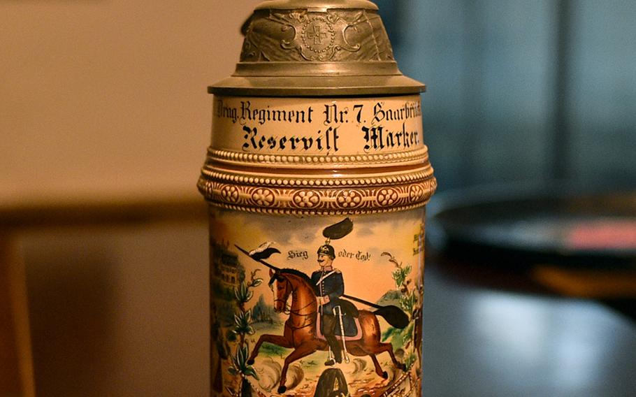 This beer stein, seen on the bar at Markers Kleines Restaurant in Weilerbach, Germany, was gifted to Martin Marker's great-grandfather after he served in the German army in Saarland from 1904-1907. An American offered to buy it for 5,000 euros, but he was unwilling to part with the priceless family heirloom.