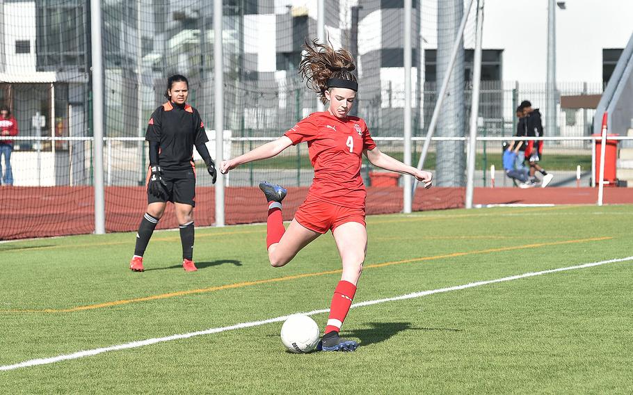 Kaiserslautern midfielder Ryann Phillips passes the ball during a girls soccer match against Stuttgart on March 9, 2024, at Kaiserslautern High School in Kaiserslautern, Germany.