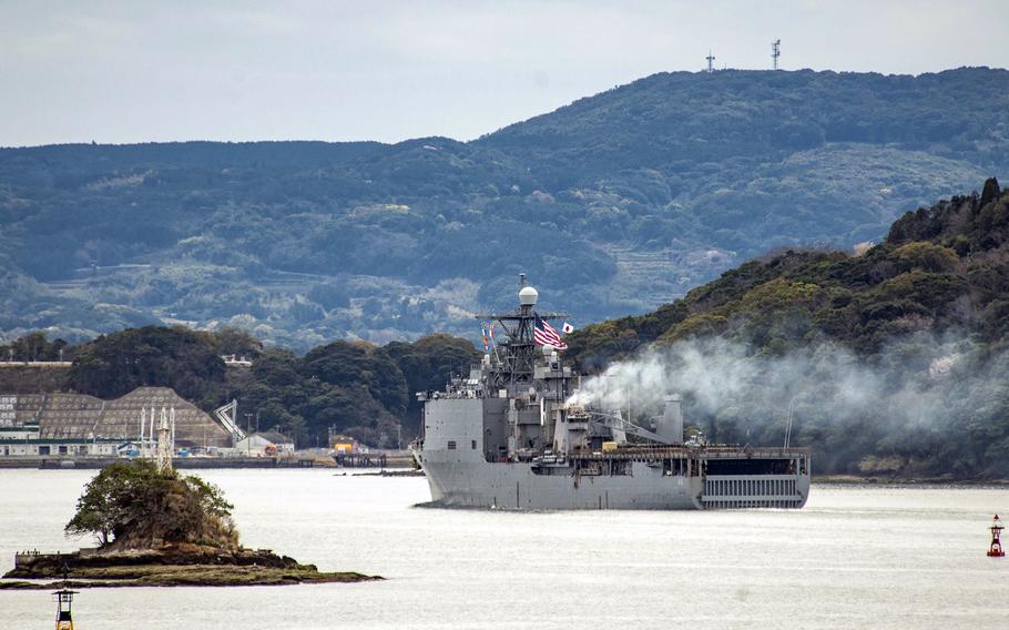 The USS Ashland departs Sasebo Naval Base, Japan, Wednesday, March 22, 2023. The amphibious dock landing ship's new homeport will be Naval Base San Diego.