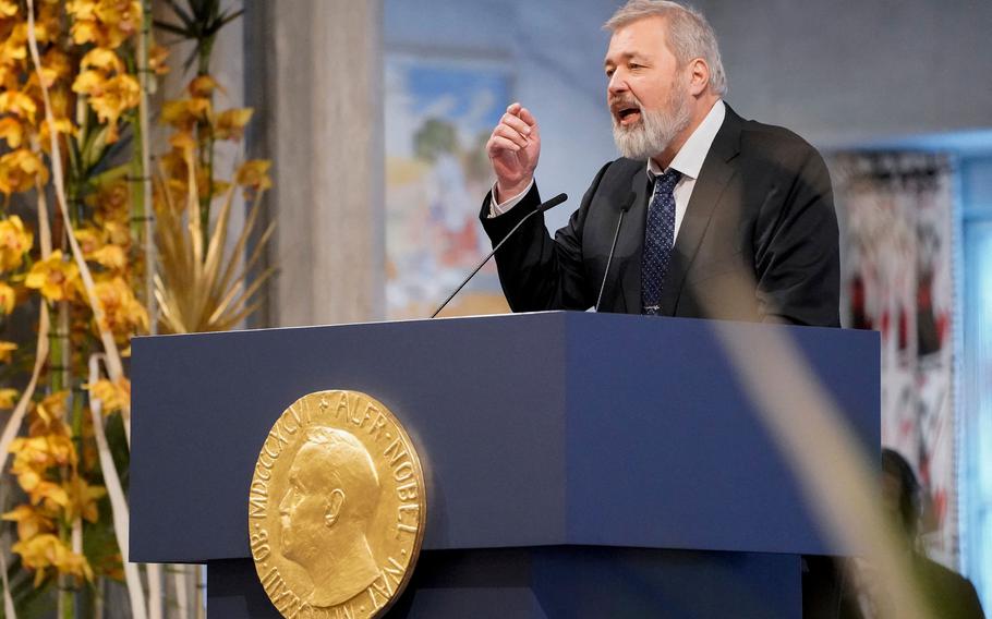 Nobel Peace Prize laureate Dmitry Muratov of Russia speaks during the gala award ceremony for the Nobel Peace prize on Dec. 10, 2021, in Oslo, Norway.