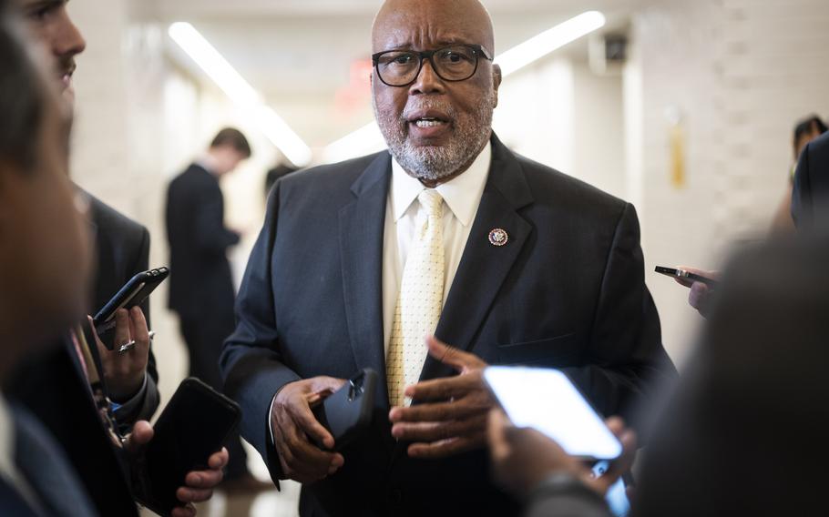 Rep. Bennie Thompson, D-Miss., chairman of the select committee investigating the Jan. 6 attack on the U.S. Capitol, speaks with reporters on July 27. 