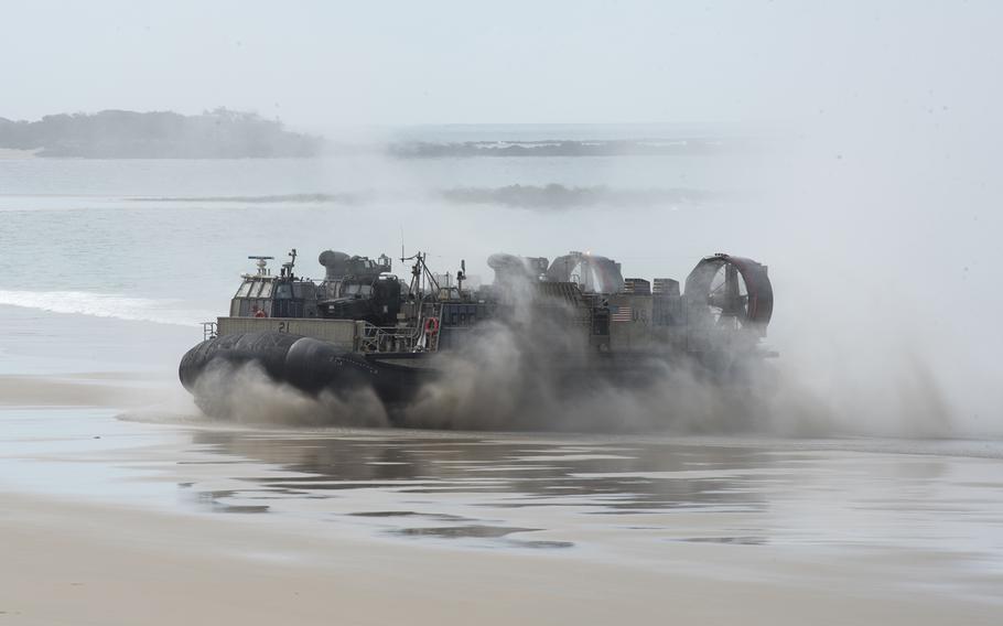 A U.S. Navy hovercraft  lands on Langham Beach during the Talisman Sabre finale near Stanage Bay, Australia, Wednesday, Aug. 2, 2023. 