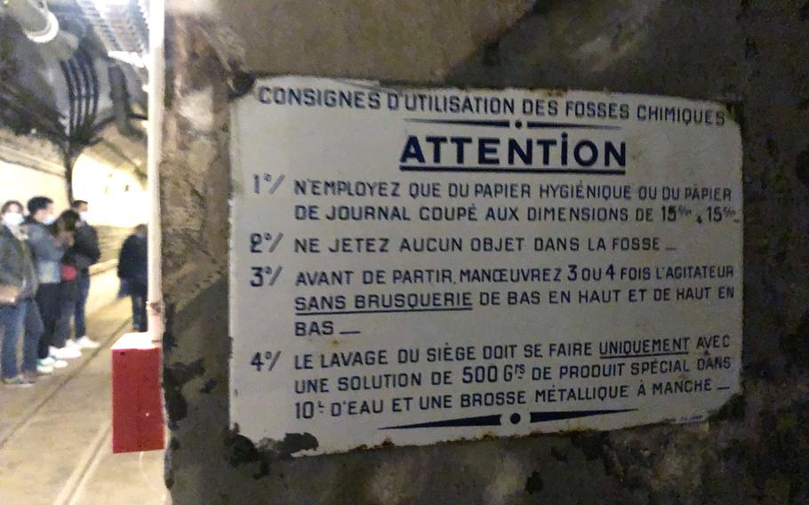 A sign in the Simserhof fortification in eastern France tells soldiers how to clean latrine seats, how to flush after using a latrine, and to use only toilet paper or newspaper cut into squares after using the facilities. Nearly 880 French soldiers spent months in the tunnel complex from the start of World War II in September 1939 until France fell to Nazi Germany in June 1940.