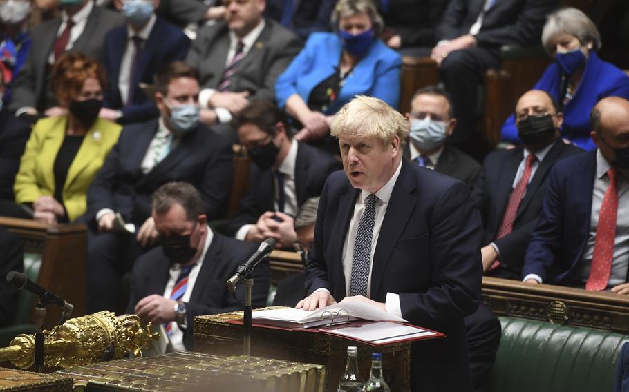 Britain’s Prime Minister Boris Johnson speaks in the House of Commons, in London, on Wednesday, Jan. 12, 2022.