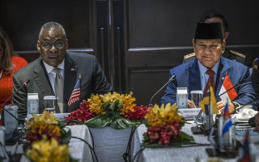 Secretary of Defense Lloyd J. Austin III and Indonesian Minister of Defense Prabowo Subianto adjourn a meeting of the Association of Southeast Asian Nations (ASEAN) at the International Institute for Strategic Studies (IISS) 20th Shangri-La Dialogue in Singapore, June 2, 2023.