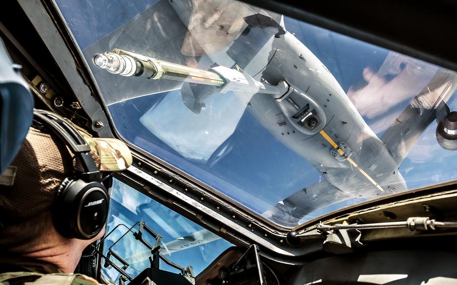 Air Force Capt. Christopher Allen co-pilots a C-17 Globemaster to be refueled by a KC-46 Pegasus over the eastern seaboard March 9, 2023, during Exercise White Stag. The training was preparation for Mobility Guardian 2023, Air Mobility Command’s largest exercise.