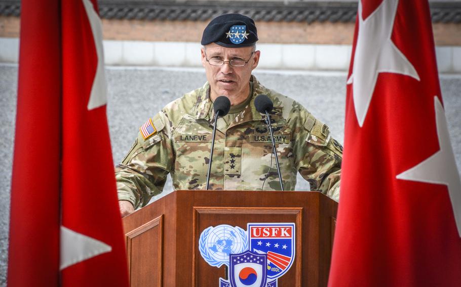 Lt. Gen. Christopher LaNeve gives his first speech as Eighth Army commander at Camp Humphreys, South Korea, Friday, April 5, 2024.