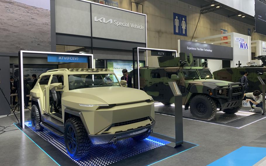 Kia Motors showcases a hydrogen-powered all-terrain vehicle in development for the South Korean military at the Defense and Security Expo in Goyang, South Korea, Wednesday, Sept. 21, 2022.