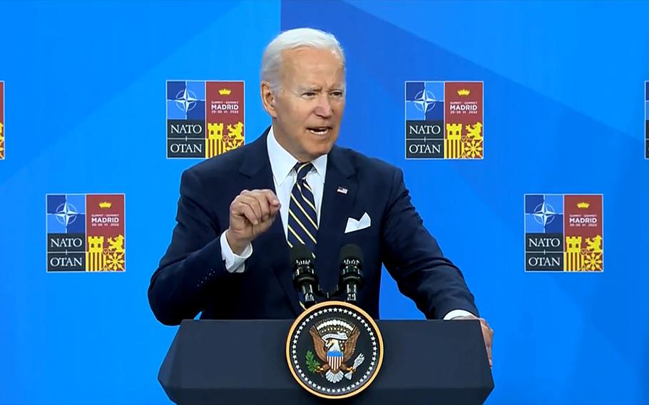 President Joe Biden speaks to reporters following the NATO summit in Madrid on June 30, 2022. Biden reiterated that the alliance will defend every inch of NATO territory.