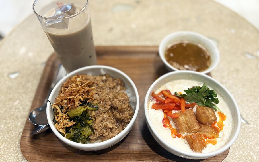 Vegan minced pork rice topped with dried onions; savory soymilk soup; and a soymilk chai from Ming-Teng Hao Hao, an all-vegan Taiwanese eatery in Tokyo.