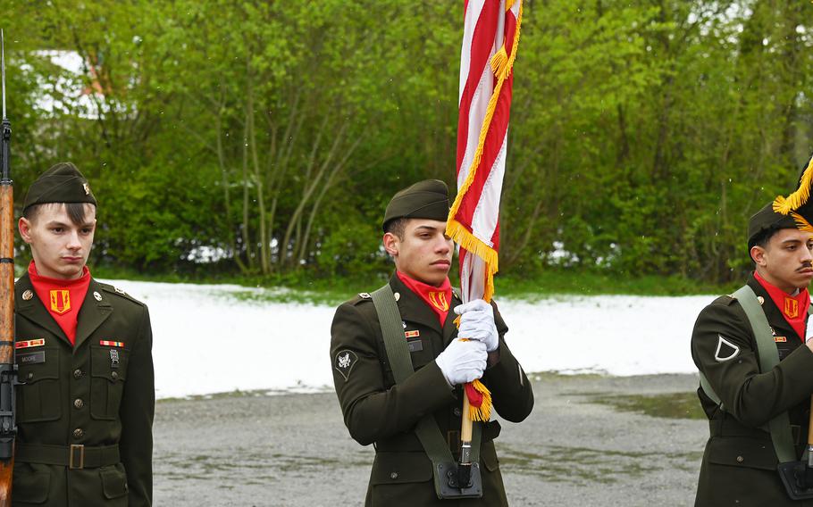 A color guard from the U.S. Army's 41st Field Artillery Brigade stands at attention during a ceremony April 21, 2024, commemorating the 79th anniversary of the liberation of the Flossenbürg concentration camp in Germany.