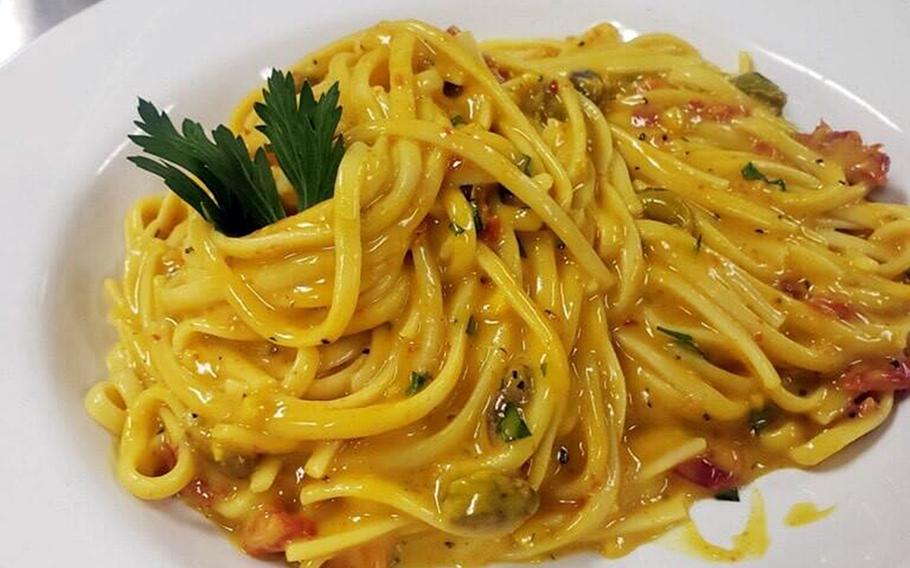 Pasta with lemon, garlic and turmeric, topped with sundried tomatoes and pistachios. People for the Ethical Treatment of Animals lauded the dining hall at U.S. Coast Guard Training Center Yorktown, Va., for their vegan meals.