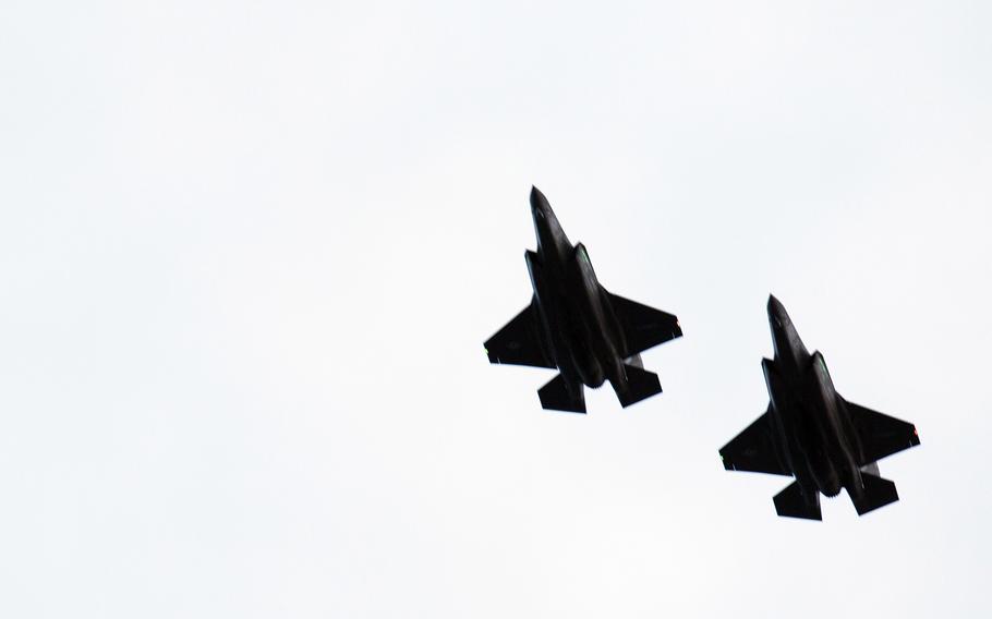 Two F-35B Lightning IIs with Marine Fighter Attack Squadron 121 prepare to land at Marine Corps Air Station Iwakuni, Japan, Jan. 18, 2017. 