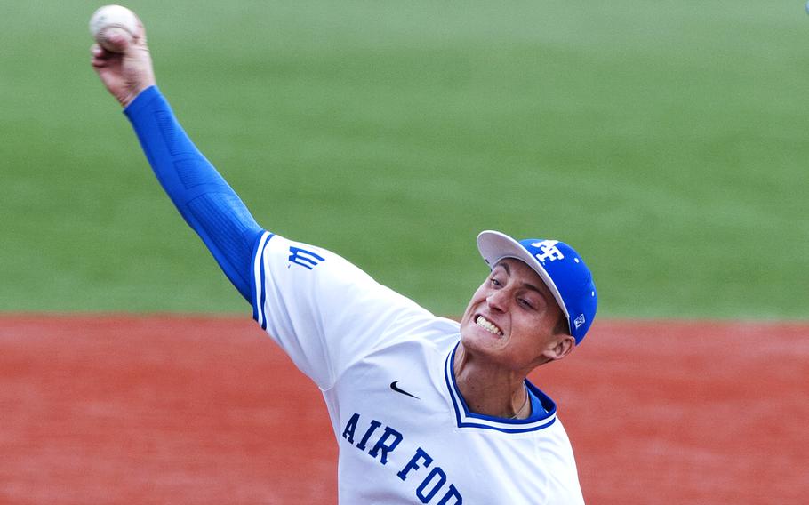 In a Apr. 9, 2016 photo, Air Force Academy junior Griffin Jax delivers a pitch in game one of a doubleheader against conference foe San Jose State at Falcon Field in Colorado Springs, Colo.,