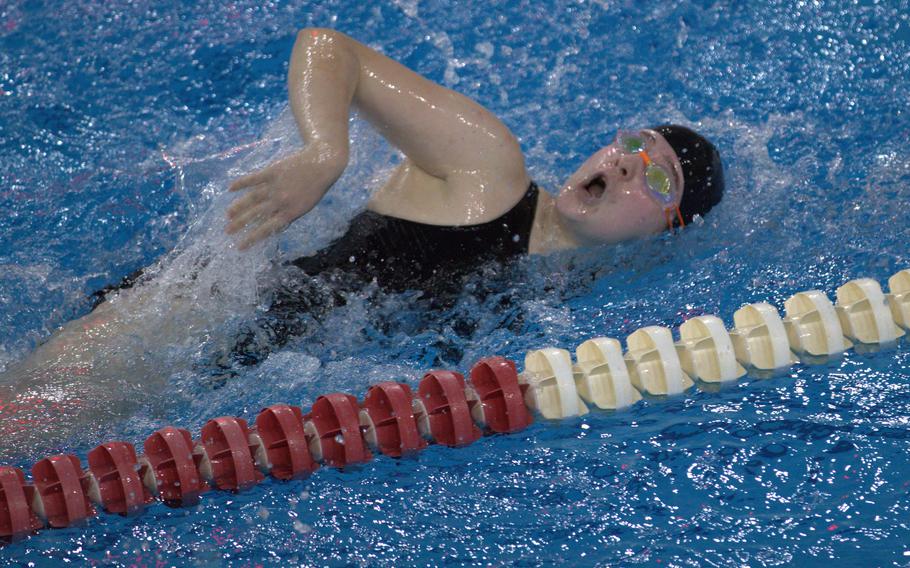 Humphreys' Isabella Morgan swims en route to winning the mixed 200-meter butterfly in 3 minutes, 9.7 seconds during Saturday's Korea swim meet at Yongsan International School of Seoul.