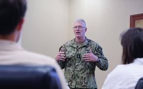 Joint Task Force-Red Hill Commander, Vice Adm. John Wade meets with Senate Appropriations Committee staff delegates at JTF-RH Headquarters, Ford Island, Honolulu, Hawaii, on Aug. 8, 2023. 

