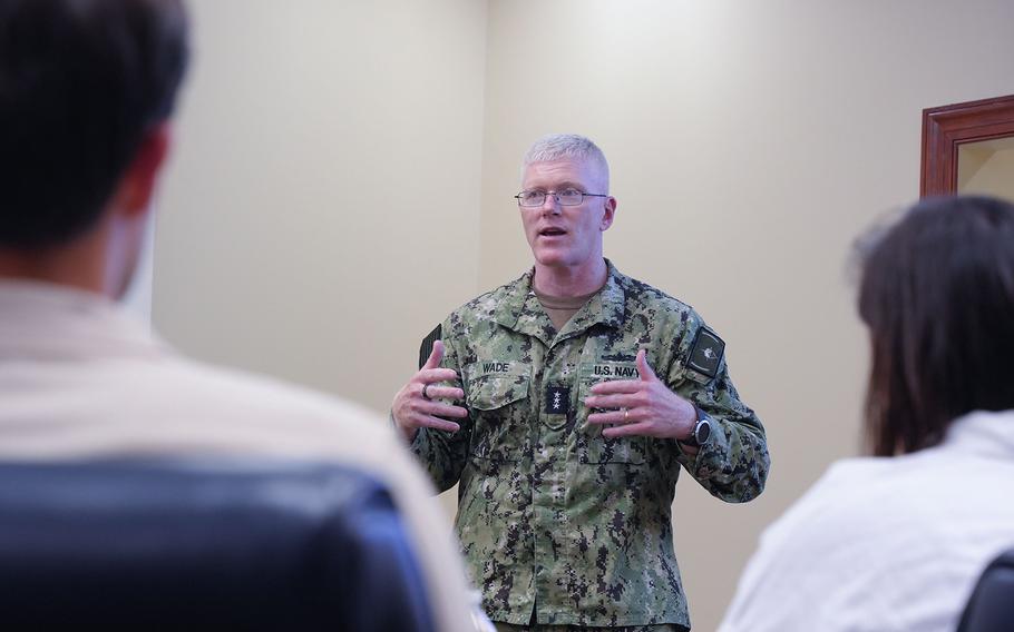 Joint Task Force-Red Hill Commander, Vice Adm. John Wade meets with Senate Appropriations Committee staff delegates at JTF-RH Headquarters, Ford Island, Honolulu, Hawaii, on Aug. 8, 2023. 