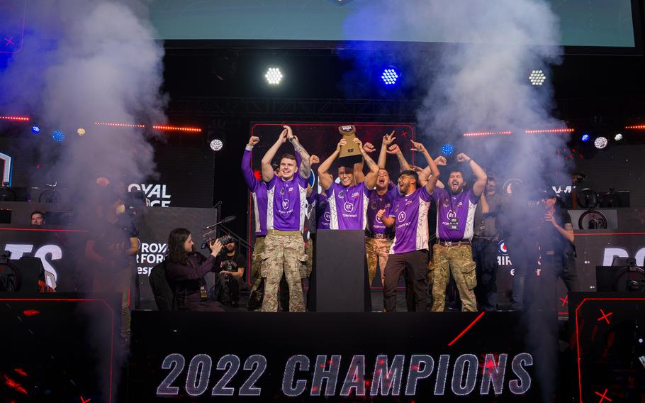 The Royal Air Force esports team celebrates its victory in CODE Bowl III on Dec. 16, 2022, in Raleigh, N.C. The RAF defeated teams from each of the U.S. and U.K. military branches.