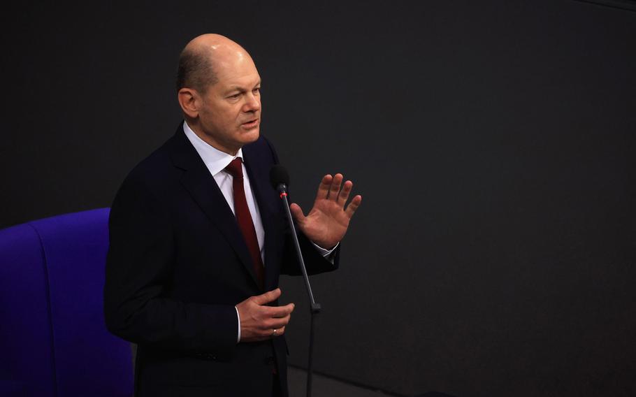 Olaf Scholz, Germany’s chancellor, speaks at the Bundestag in Berlin on Jan. 12, 2022. 