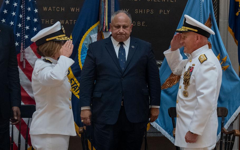 Adm. Lisa Franchetti, left, relieves former Chief of Naval Operations Adm. Mike Gilday of his post Aug. 14, 2023, at the U.S. Naval Academy in Annapolis, Md. Secretary of the Navy Carlos Del Toro, center, was the presiding officer and keynote speaker at the ceremony.