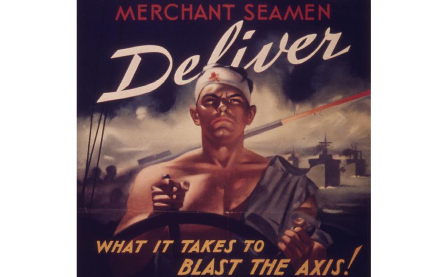 An advertisement from the 1940s for the Merchant Marine. World War II merchant mariner veteran Harold “Red” Robbins will soon celebrate his 103rd birthday.
