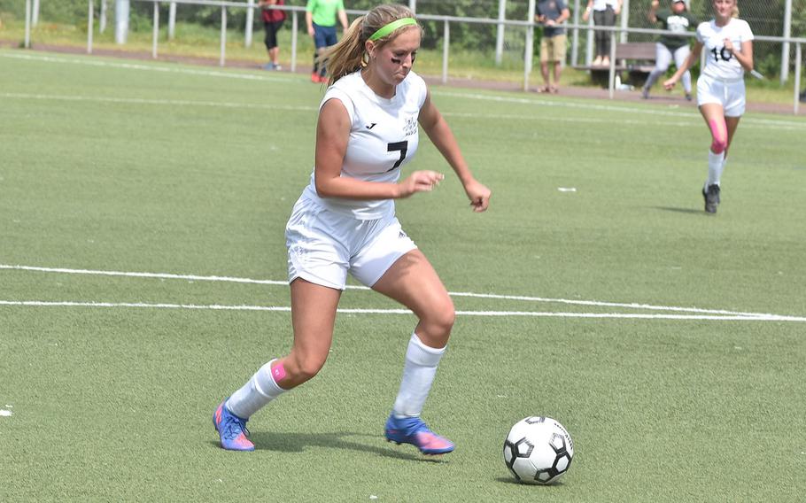 Naples’ Mckenzie Smith sets up for a shot on goal on Tuesday, May 17, 2022, at the DODEA-Europe girls Division II soccer championships at Landstuhl, Germany.