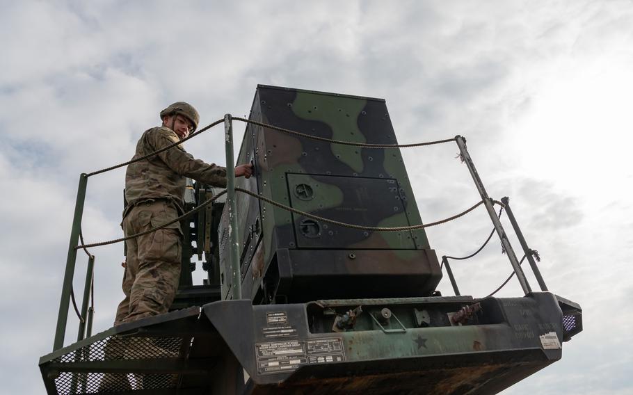 Pfc. Jacob Root inspects a Patriot missile launching station in southeast Poland at the beginning of his shift March 7, 2023. Poland is a strategically important partner in the West’s confrontation with Russia. 