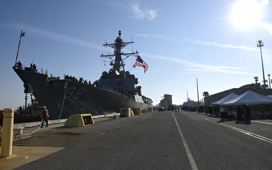 USS Farragut moors at U.S. Naval Station Mayport, Fla., on Feb. 3, 2024, following a deployment to the U.S. Southern Command area of responsibility supporting Joint Interagency Task Force (JIATF)-South’s counter-narcotics operations in the Caribbean Sea. 