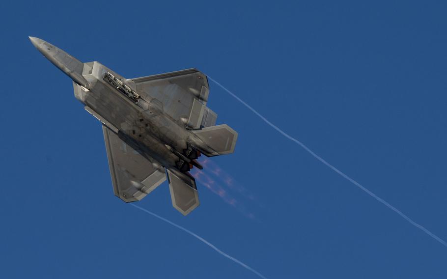 A U.S. Air Force F-22 Raptor assigned to Joint Base Langley-Eustis, Va., takes flight in November 2022. 