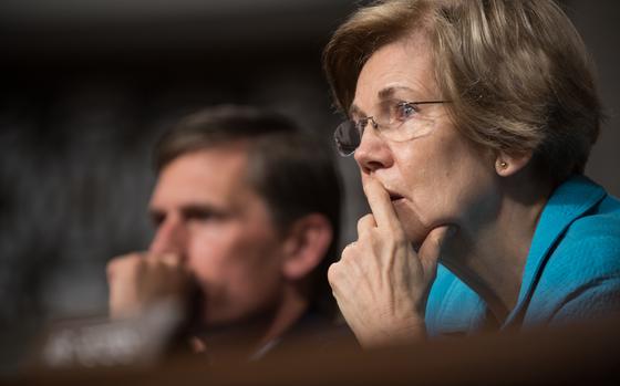 Sen. Elizabeth Warren, D-Mass., listens to testimony during a Senate Armed Services Committee hearing on Capitol Hill in Washington, D.C., July 18, 2017.