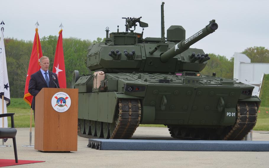 Retired Brig. Gen. Andy Hilmes, who was Staff Sgt. Stevon A. Booker’s company commander in Iraq in 2003, speaks Thursday, April 18, 2024, at the Army’s dedication ceremony at Aberdeen Proving Ground, Md., for the service’s new combat vehicle, the M10 Booker.