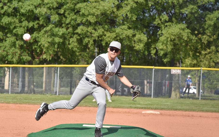 The last time Denis Vrsevci took the mound at Aviano Air Base, he was a freshman and left the game with a broken nose after getting hit in the face with a line drive. Now a senior, he pitched for Ansbach against Sigonella on Saturday, April 30, 2022.