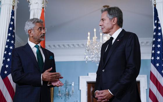 Secretary of State Antony Blinken speaks with Indian External Affairs Minister Subrahmanyam Jaishankar, Thursday, Sept. 28, 2023, at the State Department in Washington. (AP Photo/Stephanie Scarbrough)