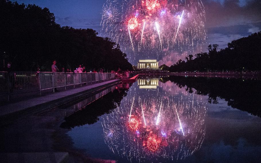 Fireworks light up the sky over the Lincoln Memorial in Washington, D.C., on July 4, 2020. 